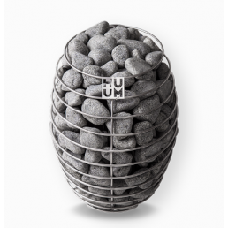 Huum Drop sähkökiuas on täytetty harmailla kiuaskivillä ja siinä on pyöreä metalliritiläsuunnittelu.