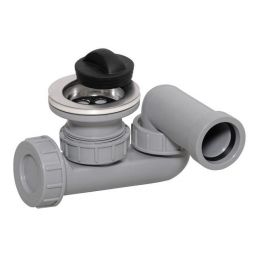 Grå sifon för duschbas, 70 mm i diameter, med svart lock.