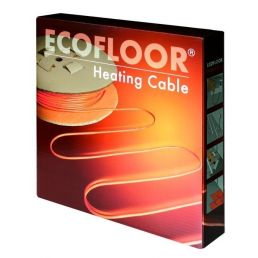 Förpackning för EcoFloor värmekabel, 10 W/m, olika längder, med en design i orange och röda toner som visar kabeln.