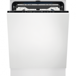 Vit Electrolux EEC87400W integrerad diskmaskin, öppen dörr avslöjar insidan.