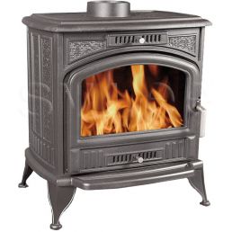 Valurautakamiina Elisabeth 11kW, klassinen musta, yksityiskohtaiset koristeet, suuri läpinäkyvä lasiovi.