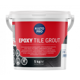 5 kg röd plasthink med Kiilto PRO epoxifogmassa för kakel. Ikonerna framhäver hållbarhet och vattentålighet.