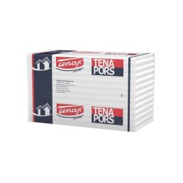 Vitt paket av EPS 60 fasadisoleringsskivor med röd och blå märkning 'TENAPORS'.