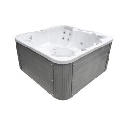 White and gray square-shaped mini pool with built-in massage jets.
