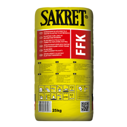 25 kg gul Sakret FFK plattläggningsväska, avsedd för superelastisk installation.