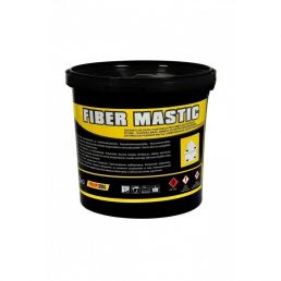 Black Profizol Fiber Mastic bitumen-rubber mixture in a bucket, 1-10 kg, with a yellow and black speckled striped label including product information.