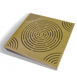 Perforated acoustic panel featuring a spiral circle design made of oak wood.
