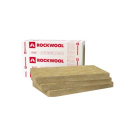 Rockwool Frontrock Plus stone wool slabs, dimensions 600x1000 mm, thickness 50-300 mm, packaged in two boxes with a red and white logo and text.