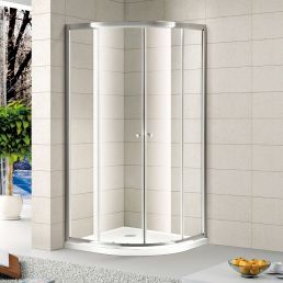 Corner shower enclosure with double opening doors, transparent smoked glass and a white base, modern design.