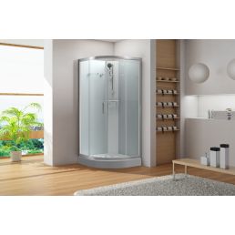 Semi-circular shower cabin with white profiles and clear glass doors.