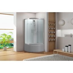 The modern shower cabin, Flory Lyra, with a deep base, is installed in a bright, minimalist bathroom with wooden blinds and a white sink.