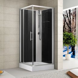 Square Flory Harper shower cabin with clear glass walls and a silver frame.