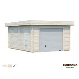 Ljust trägarage med stor grå sektionsdörr, platt tak och sidofönster.