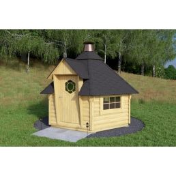 A small wooden grill hut with a black roof and a glass window, located on a grassy lawn.