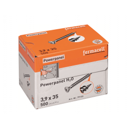 An orange box with the Fermacell brand logo and a depiction of screws. The box contains 500 pieces of 3.9 x 35 mm screws.