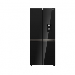 Musta neljäovinen jääkaappi, jossa on kiiltävä pinta, oikeassa ovessa oleva vesi- ja jääautomaatti, sileät pinnat ja moderni muotoilu.