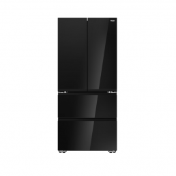 Musta neliosainen jääkaappi, suorilla linjoilla ja kiiltävällä pinnalla: kaksi yläovea ja kaksi alaosaa vetolaatikkoa.