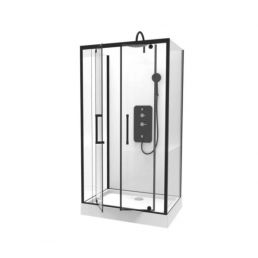 Modern shower cabin measuring 80x100x210-230 cm, featuring black profiles and transparent glass.