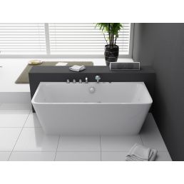 White HARMA ISEO massage bathtub, with dimensions of 170x75x58 cm, featuring a modern design. The bathtub is installed in a minimalist gray bathroom.