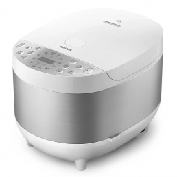 Vit och silverfärgad riskokare Philips HD4713/40 med digital panel och multifunktionella knappar.