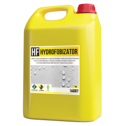 Yellow plastic canister with a red cap and a label 'HF Hydrofobizator' for concrete and plaster surfaces.