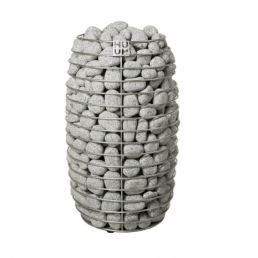 Silinterimäinen sähkökiuas, joka on peitetty harmailla, pallomaisilla kivillä. Malli: HIVE Mini.