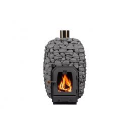 HUUM HIVE Wood puukäyttöinen kiuas, pyöreä kivipintainen muotoilu ja sisäänrakennettu tulipesä.