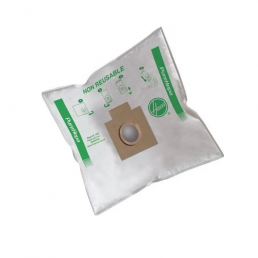 Valkoinen Hoover H63 pölypussi, vihreällä tekstillä ja pyöreällä ruskealla aukolla.