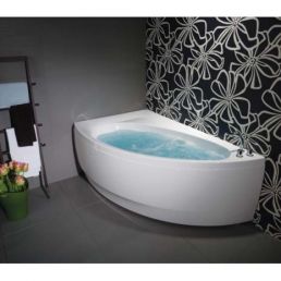 Valge ovaalse kujuga vann on ideaalne vanniskäikude jaoks, millel on sisseehitatud veesüsteem, täidetud sinise veega, mustrilise musta tausta taustal.