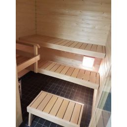 Wooden lavatory module set, including a corner piece and two tiered benches, with dimensions of 1775mm, in a light natural finish.