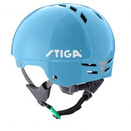 Light blue safety helmet with black strap and ventilation holes, STIGA logo on the side, suitable for size S/M.