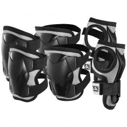 Black Stiga Comfort Jr protection gear includes elbow, knee, and wrist guards. They are comfortable and adjustable with straps.