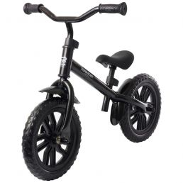 Black STIGA Runracer C12 balance bike featuring large black wheels and a comfortable saddle.