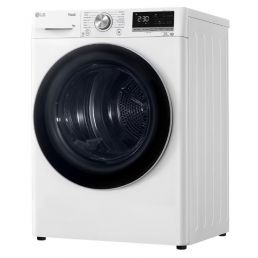 White front-loading LG dryer with a dark, round door, digital display, and control dial.