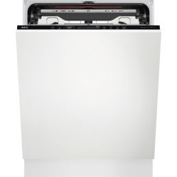 Built-in dishwasher with a white front panel, a partially open door, and a visible upper rack.
