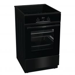 Black freestanding cooker with an oven, glass front door, control knobs on top, and visible oven interior.