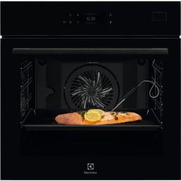 Black built-in oven with a control panel and glass door, featuring a fish fillet with a lemon slice on a rack inside, visible fan at the back wall.