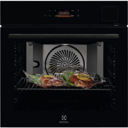 Black Electrolux oven with the door open, silver fan at the back, and vacuum-packed food on a rack.
