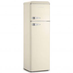 Krämfärgad kylskåp med två dörrar, metallhandtag och retrodesign.