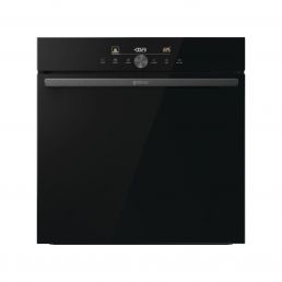 Black, fully integrated electric oven with a control panel and digital display, horizontal handle across the oven door.