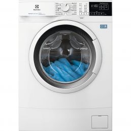 White front-loading washing machine with a round glass door and digital control panel; blue laundry is visible inside.