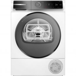 White dryer with a large round dark gray door featuring a transparent window. The top has a digital control panel, and at the bottom right, a round ventilation grille.