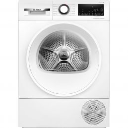 White front-loading dryer with a round door, digital control panels, and large ventilation openings at the bottom front.
