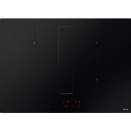 Black glass induction hob with integrated extractor, four cooking zones and front touch controls.