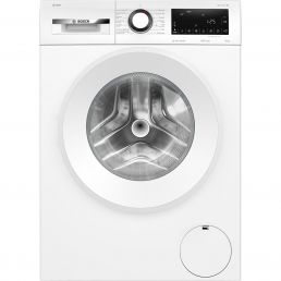 Front-loading white washing machine with a stainless steel drum, black control panel, display, and selector knob at the top right.