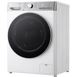 White front-loading washer-dryer with a large round black door and a silver control panel featuring buttons, a dial, and a display.