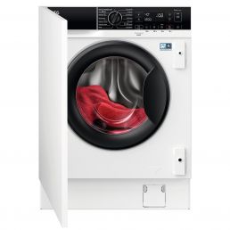 Integrated AEG washer-dryer with a white cabinet door, a black round door, and a black control panel.