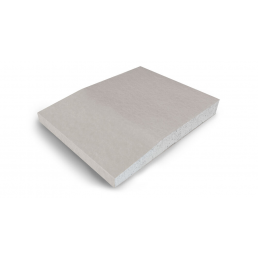 Rektangulär grå gipsskiva med slät yta, cirka 12,5 mm tjock, med kapade kanter.