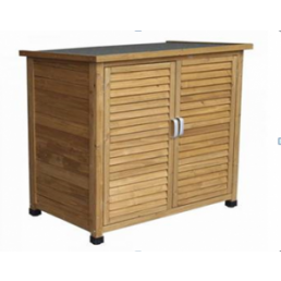 Kompakt skåp för trädgårdsredskap på terrasser, tillverkat av trä, med rullgardinsdörr och mörkgrå arbetsyta.