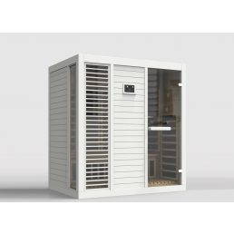 White infrared sauna for four people, dimensions 1750x1350x1900mm, equipped with a digital control panel and glass door.
